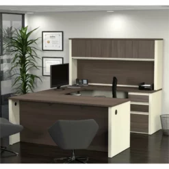 Bestar Prestige Plus U-Desk With Hutch In White Chocolate And Antigua -CYMAX Sales 1464200 1 L