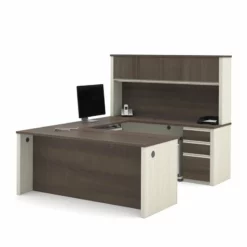 Bestar Prestige Plus U-Desk With Hutch In White Chocolate And Antigua -CYMAX Sales 1464200 L