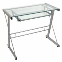 Walker Edison Solo Small Glass Top Modern Steel Metal Computer Desk In Silver