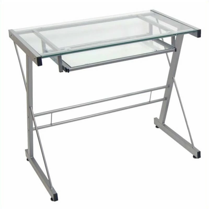 Walker Edison Solo Small Glass Top Modern Steel Metal Computer Desk In Silver 3 Walker Edison Solo Small Glass Top Modern Steel Metal Computer Desk In Silver