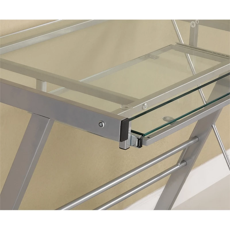 Walker Edison Solo Small Glass Top Modern Steel Metal Computer Desk In Silver 5 Walker Edison Solo Small Glass Top Modern Steel Metal Computer Desk In Silver - Image 3