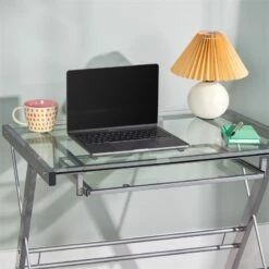 Walker Edison Solo Small Glass Top Modern Steel Metal Computer Desk In Silver 20 Walker Edison Solo Small Glass Top Modern Steel Metal Computer Desk In Silver -CYMAX Sales 151434 6 L