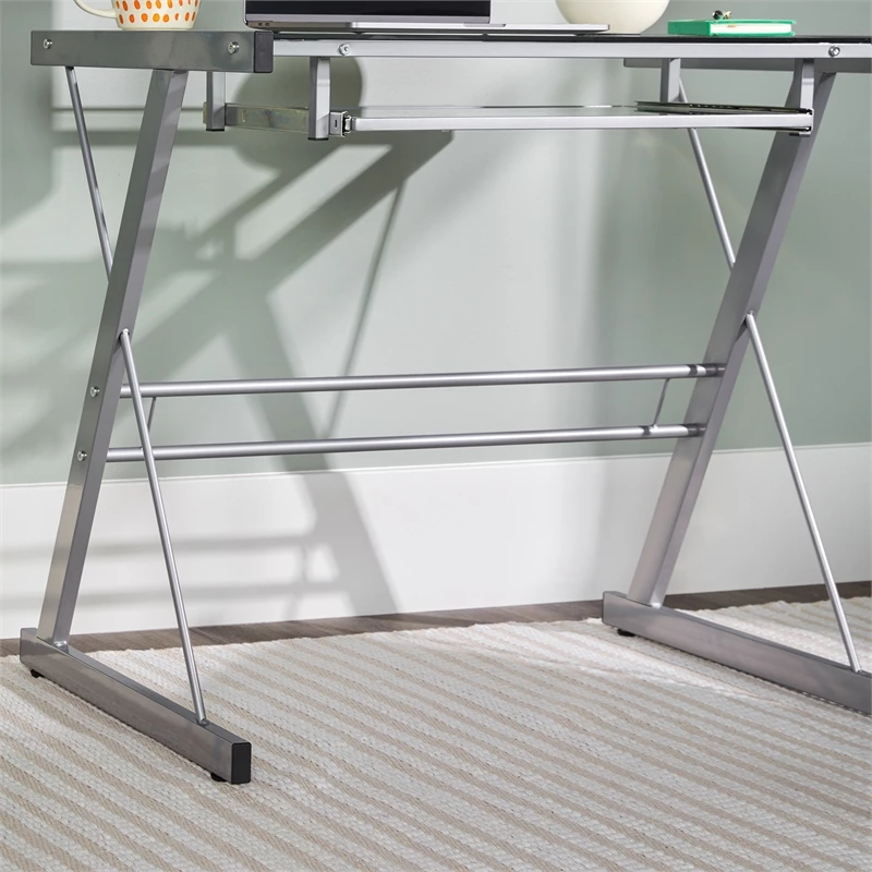 Walker Edison Solo Small Glass Top Modern Steel Metal Computer Desk In Silver 10 Walker Edison Solo Small Glass Top Modern Steel Metal Computer Desk In Silver - Image 8