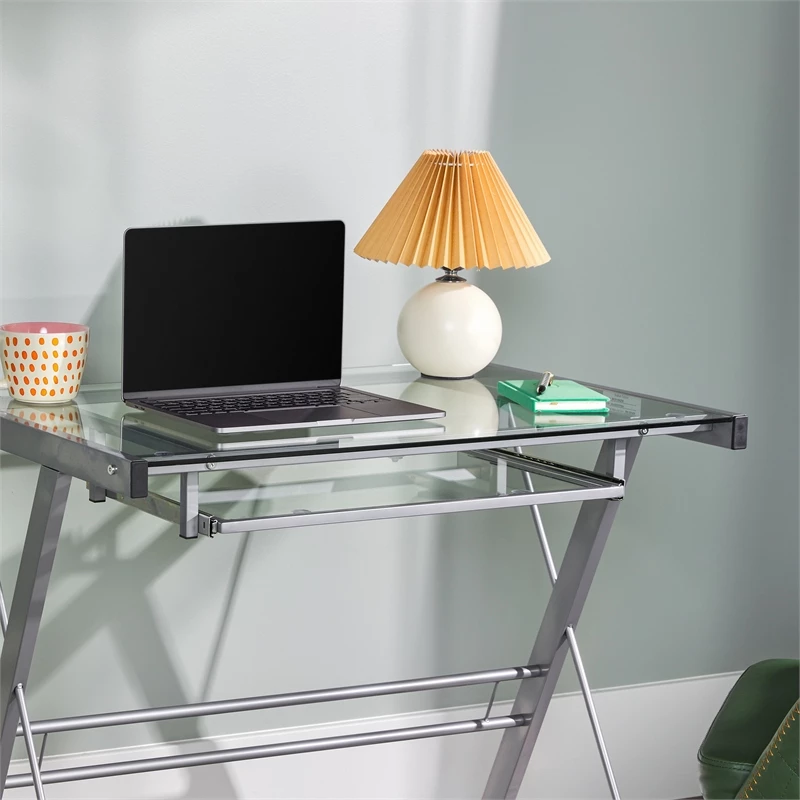 Walker Edison Solo Small Glass Top Modern Steel Metal Computer Desk In Silver 11 Walker Edison Solo Small Glass Top Modern Steel Metal Computer Desk In Silver - Image 9