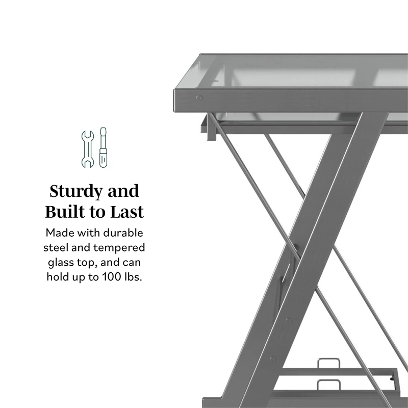 Walker Edison Solo Small Glass Top Modern Steel Metal Computer Desk In Silver 12 Walker Edison Solo Small Glass Top Modern Steel Metal Computer Desk In Silver - Image 10