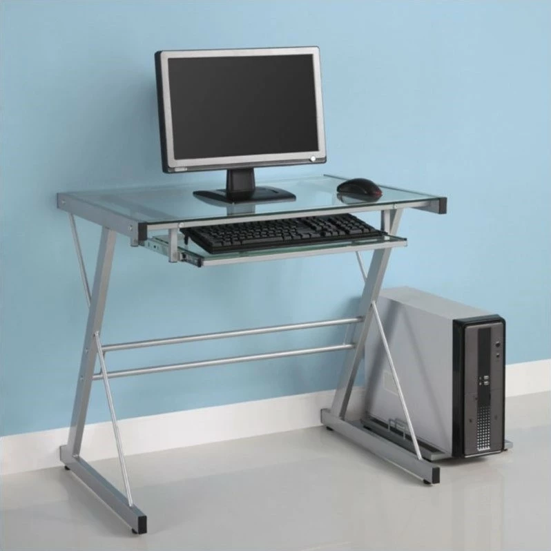 Walker Edison Solo Small Glass Top Modern Steel Metal Computer Desk In Silver 4 Walker Edison Solo Small Glass Top Modern Steel Metal Computer Desk In Silver - Image 2