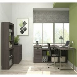 Bestar Solay L-Desk With Lateral File And Bookcase In Bark Gray