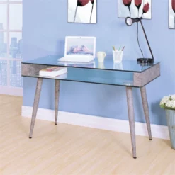 ACME Boyd Rectangular Glass Top Home Office Desk In Clear Glass And Oak