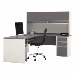 Bowery Hill Modern Wood 5 Piece L-Shaped Computer Desk With Hutch In Slate Gray