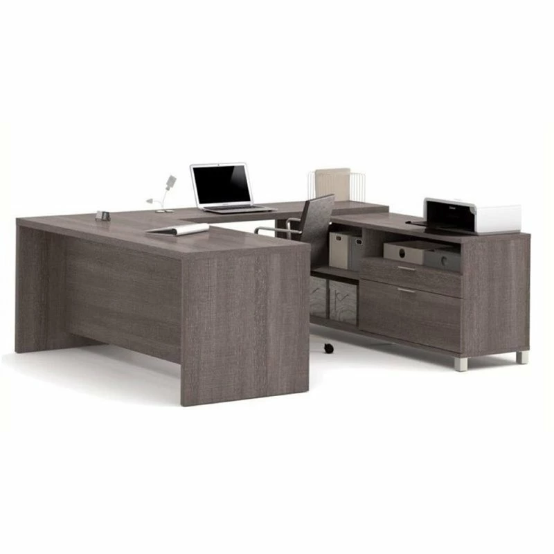 Bowery Hill U-Shaped Computer Desk In Bark Gray 3 Bowery Hill U-Shaped Computer Desk In Bark Gray