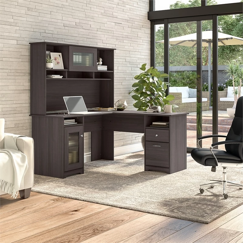 Bowery Hill 60" Transitional Wood L-Shaped Desk With Hutch In Heather Gray 11 Bowery Hill 60" Transitional Wood L-Shaped Desk With Hutch In Heather Gray - Image 9
