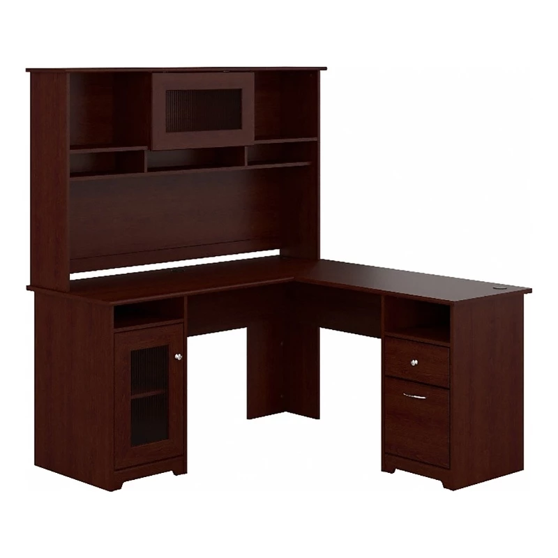 Bowery Hill 60" Transitional Wood L-Shaped Desk With Hutch In Heather Gray 3 Bowery Hill 60" Transitional Wood L-Shaped Desk With Hutch In Heather Gray