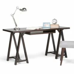 Simpli Home Sawhorse 60" Soild Wood Modern Industrial Computer Desk In White -CYMAX Sales 1582317 1 L