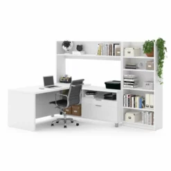 Bestar Pro-Linea L-Shaped Home Office Desk With Bookcase In White