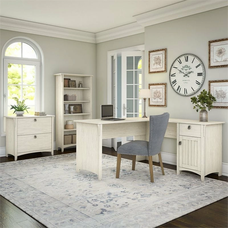 Salinas 60W L Desk W/ File Cabinet & Bookcase In Antique White - Engineered Wood 11 Salinas 60W L Desk W/ File Cabinet & Bookcase In Antique White - Engineered Wood - Image 9