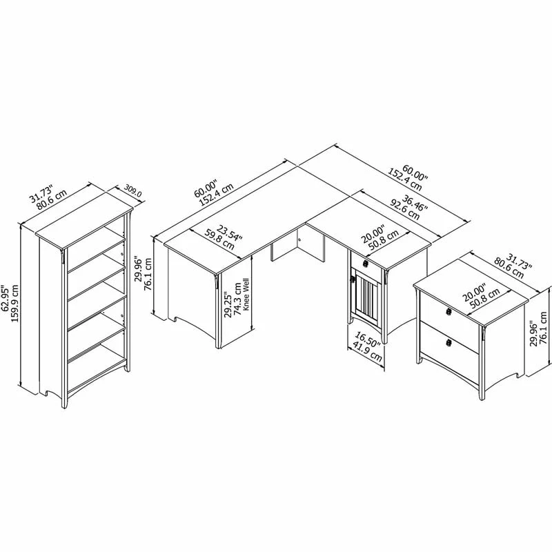 Salinas 60W L Desk W/ File Cabinet & Bookcase In Antique White - Engineered Wood 17 Salinas 60W L Desk W/ File Cabinet & Bookcase In Antique White - Engineered Wood - Image 15