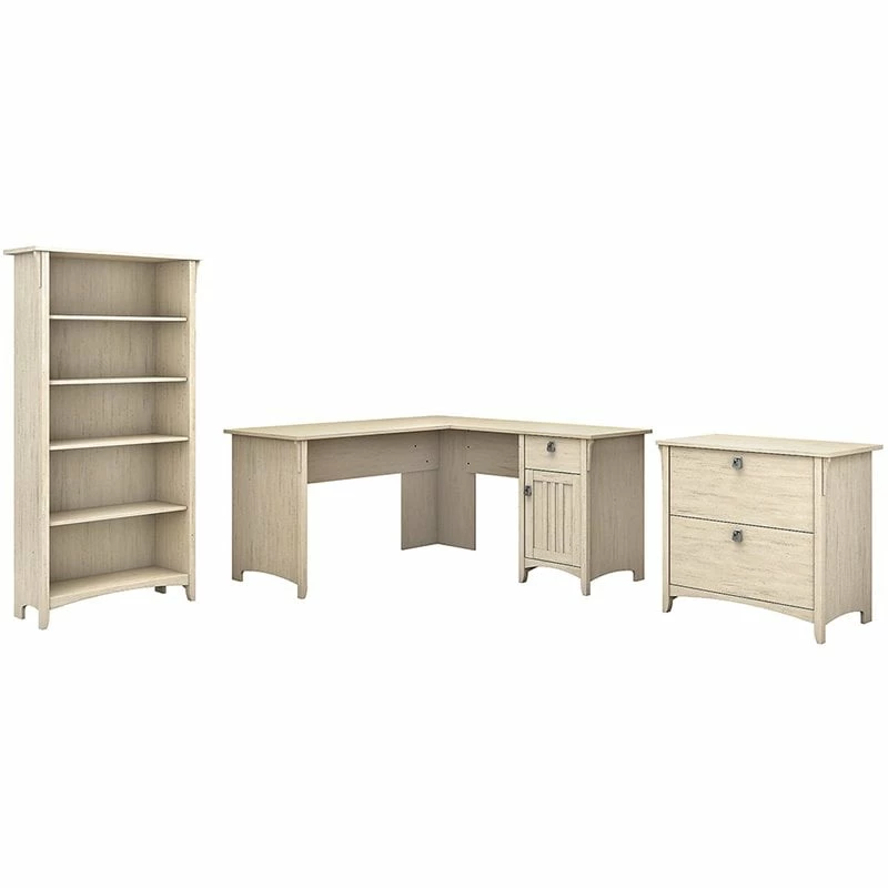 Salinas 60W L Desk W/ File Cabinet & Bookcase In Antique White - Engineered Wood 10 Salinas 60W L Desk W/ File Cabinet & Bookcase In Antique White - Engineered Wood - Image 8