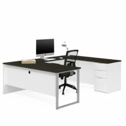 Bestar Pro Concept Plus U Desk With Hutch In White And Deep Gray