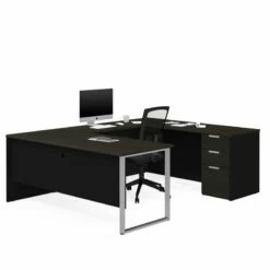 Bestar Pro Concept Plus U Desk With Hutch In Deep Gray And Black