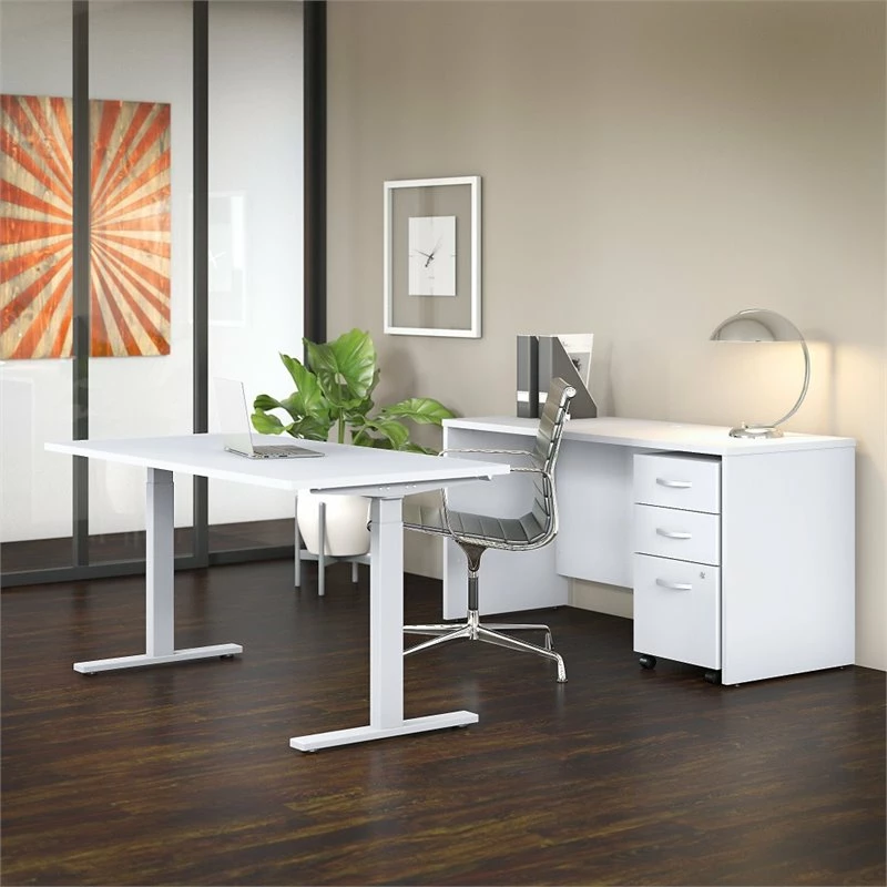 Studio C 60W Adjustable Desk With Credenza And Storage In Gray - Engineered Wood 4 Studio C 60W Adjustable Desk With Credenza And Storage In Gray - Engineered Wood - Image 2
