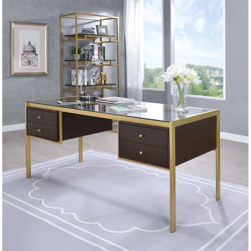 ACME Yumia Glass Rectangle Top 4-Drawer Writing Desk In Gold And Clear Glass 4 ACME Yumia Glass Rectangle Top 4-Drawer Writing Desk In Gold And Clear Glass - Image 2