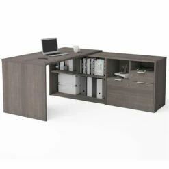 Bestar I3 Plus L Shape Computer Desk With Hutch In Bark Gray