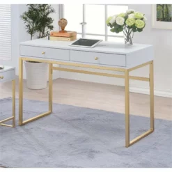 Bowery Hill Writing Desk In White And Brass -CYMAX Sales 1804900 1 L
