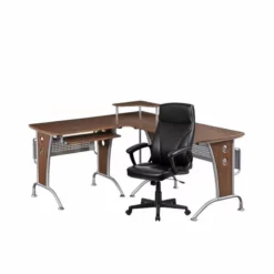 2 Piece Office Set With Wooden Computer Desk And Black Leather Chair