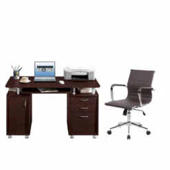 2 Piece Office Set With Executive Office Chair And Computer Desk In Chocolate