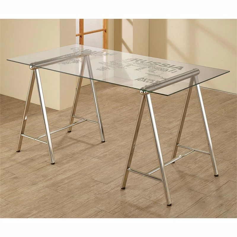 Bowery Hill World Map Glass Top Writing Desk In Nickel 4 Bowery Hill World Map Glass Top Writing Desk In Nickel - Image 2