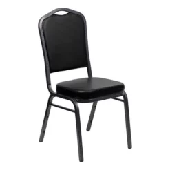 Bowery Hill Vinyl/Steel Crown Back Banquet Stacking Chair In Black
