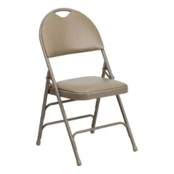 Bowery Hill Vinyl/Metal Triple Braced And Double Hinged Folding Chair In Beige