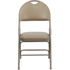 Bowery Hill Vinyl/Metal Triple Braced And Double Hinged Folding Chair In Beige -CYMAX Sales 1816872 3 L