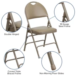 Bowery Hill Vinyl/Metal Triple Braced And Double Hinged Folding Chair In Beige -CYMAX Sales 1816872 6 L