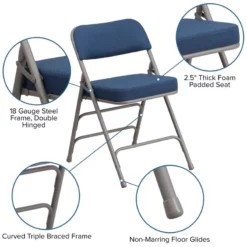 Bowery Hill Fabric/Metal 2.5"Thick Foam Folding Chair In Navy/Gray -CYMAX Sales 1816970 4 L