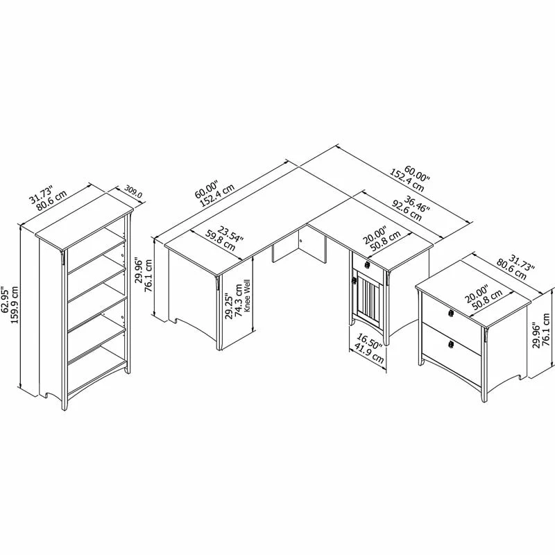 Salinas 60W L Desk W/ File Cabinet & Bookcase In Antique White - Engineered Wood 8 Salinas 60W L Desk W/ File Cabinet & Bookcase In Antique White - Engineered Wood - Image 6