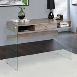 Bowery Hill Oak Wood/Glass Rectangular Writing Desk In Clear/Gray -CYMAX Sales 1865779 2 L