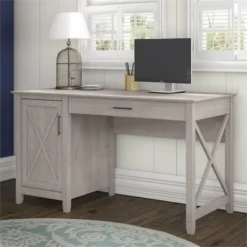 Bush Furniture Key West 2 Piece 54" Single Pedestal Desk And File Cabinet Set In Washed Gray -CYMAX Sales 1890707 9 L