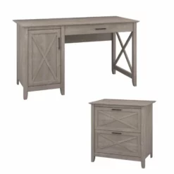 Bush Furniture Key West 2 Piece 54" Single Pedestal Desk And File Cabinet Set In Washed Gray