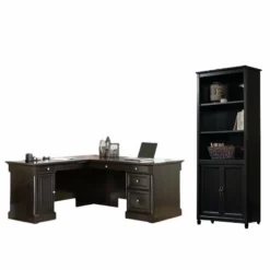 Edge Water 2 Piece Oak L Shaped Desk And Black Library Bookcase