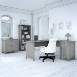 Salinas 60W L Desk W/ File Cabinet & Bookcase In Antique White - Engineered Wood 39 Salinas 60W L Desk W/ File Cabinet & Bookcase In Antique White - Engineered Wood -CYMAX Sales 1912833 1 L 2