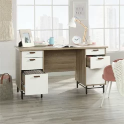 Sauder Anda Norr Executive Desk In Sky Oak And White -CYMAX Sales 1922416 14 L
