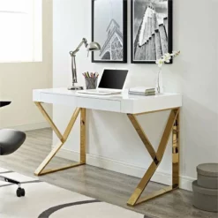 Modway Adjacent Stainless Steel & Wood Writing Desk In White And Gold -CYMAX Sales 1944893 1 L