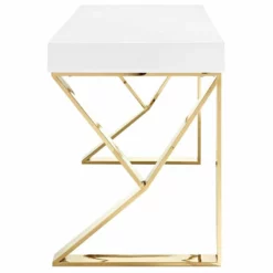 Modway Adjacent Stainless Steel & Wood Writing Desk In White And Gold -CYMAX Sales 1944893 2 L