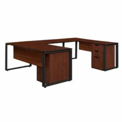 Structure 66" X 30" Double Laminate Pedestal U-Desk W/ 48" Bridge- Cherry/Black