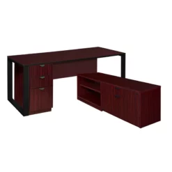 Structure 66" X 30" L-Desk W/ Laminate Credenza W/ Full Pedestal- Brown/Black