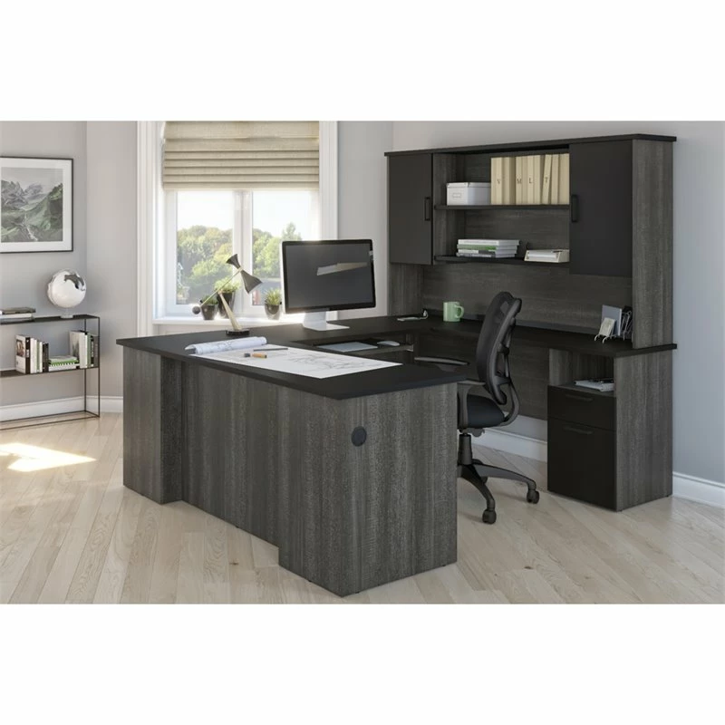 Bestar Norma Transitional Engineered Wood Computer Desk In Walnut Gray And White 4 Bestar Norma Transitional Engineered Wood Computer Desk In Walnut Gray And White - Image 2