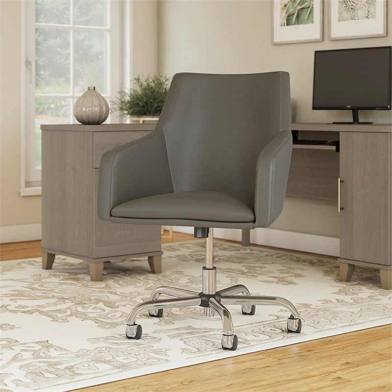Bush Somerset Upholstered Faux Leather Box Chair With Mid Back In Washed Gray 4 Bush Somerset Upholstered Faux Leather Box Chair With Mid Back In Washed Gray - Image 2