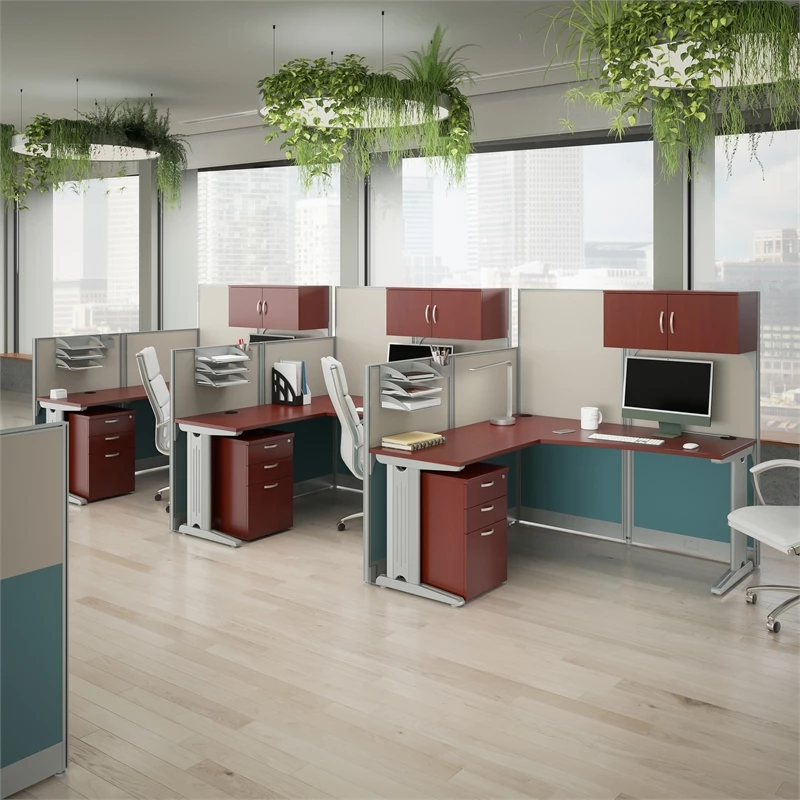 Office In An Hour 3 Person L Cubicle Desk Set In Hansen Cherry - Engineered Wood 14 Office In An Hour 3 Person L Cubicle Desk Set In Hansen Cherry - Engineered Wood - Image 12