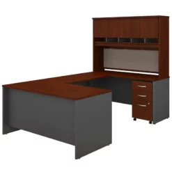 Series C 60W U Desk With Hutch And Drawers In Mocha Cherry - Engineered Wood